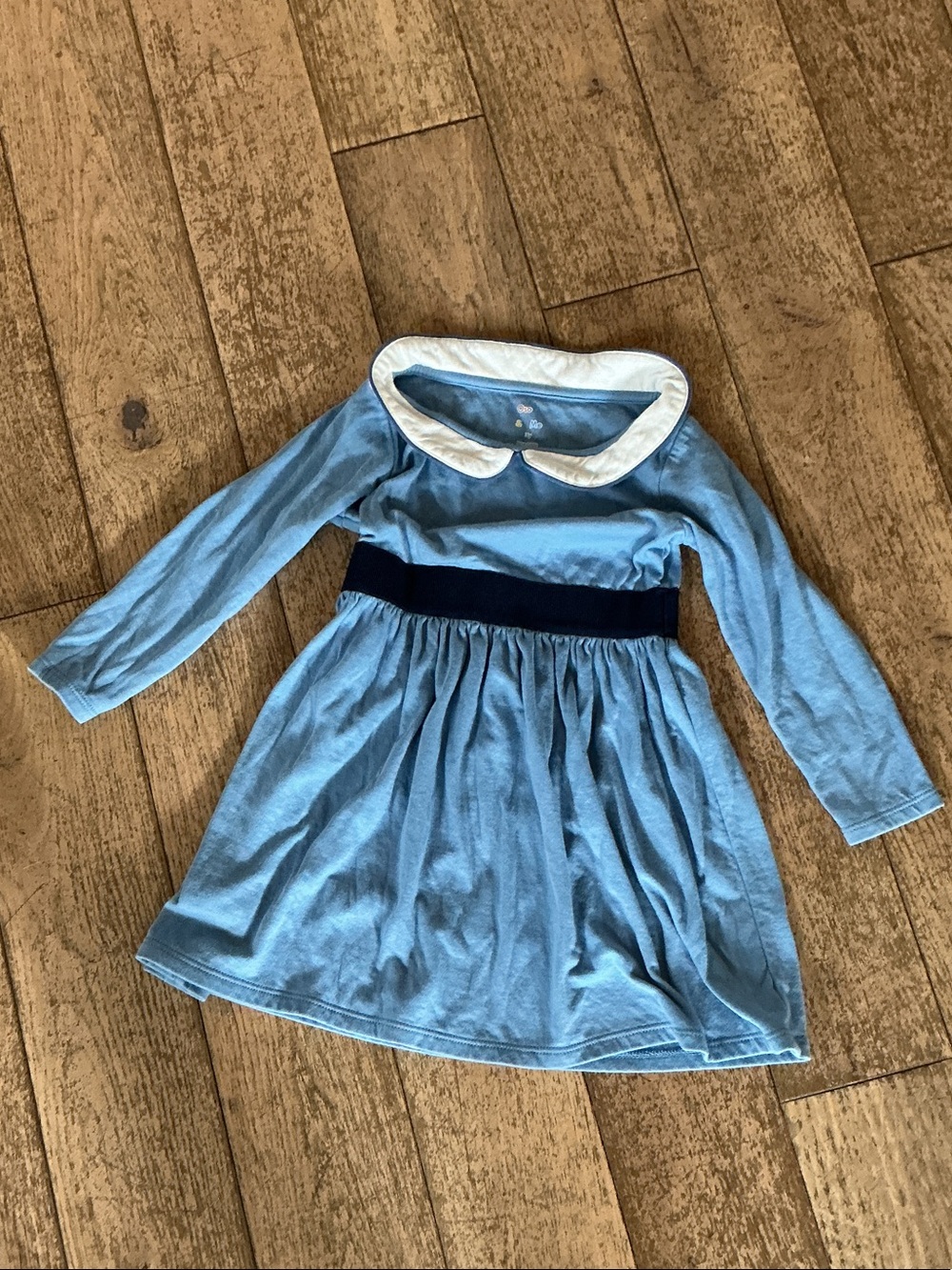 Blue Long-Sleeve Dress with White Peter Pan Collar for Kids